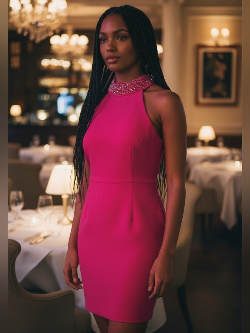 Badgley Mischka Cocktail Dress Fuschia Sheath With Jeweled Collar Size 10